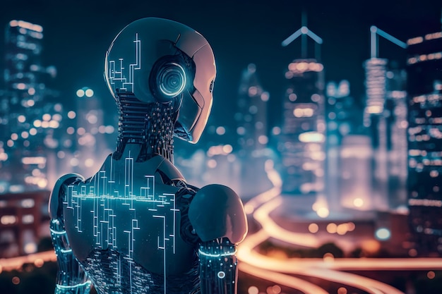 Smart City with robot system artificial intelligence Chat GPT chatbot AI Chatting with a smart AI or artificial intelligence chatbot developed by OpenAI Generate AI