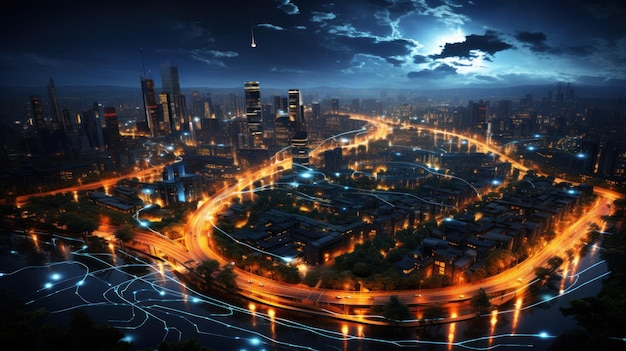 Умный город с беспроводной коммуникационной сетью абстрактный образ визуальный интернет вещей с ночным видом