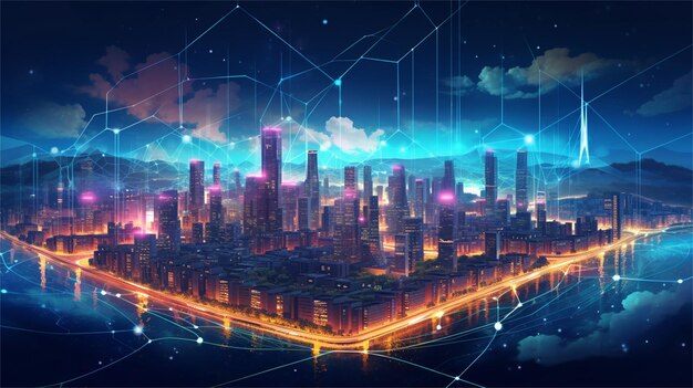 Smart city with wireless communication network and high speed internet connection Vector illustrati