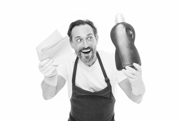 Smart cleaning solution Cleaning service and household duty Man in rubber gloves hold bottle liquid soap chemical cleaning agent Bearded guy cleaning home Cleanup concept Get rid of stains