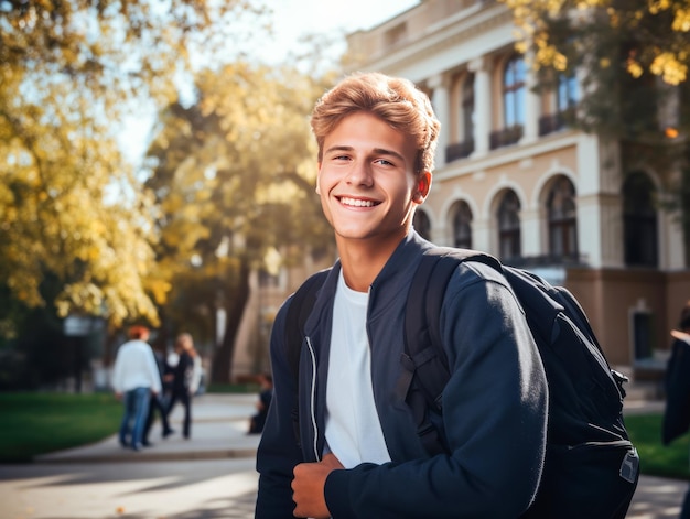 smart college boy standing at college campus