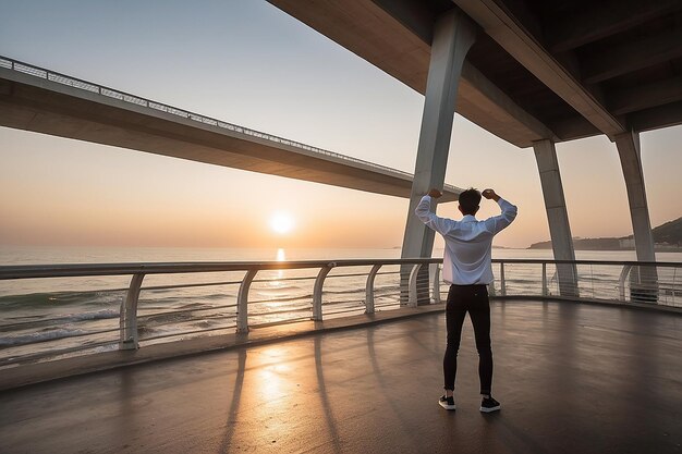 Smart confidence man raise and open arm under the sunrise on bridge at seaside