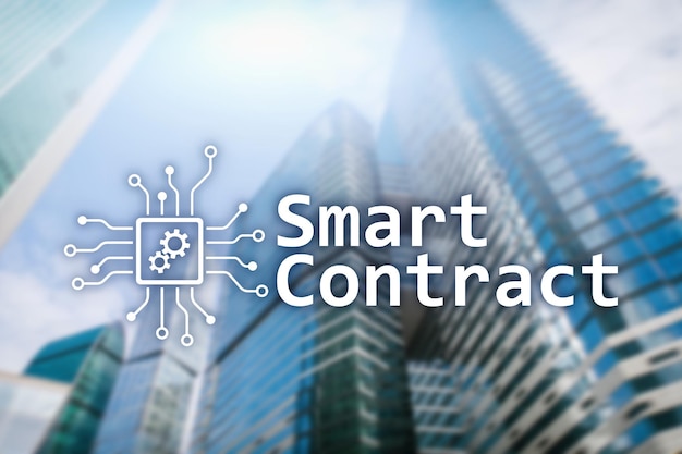 Smart contract blockchain-technologie in business finance hitech concept Wolkenkrabbers achtergrond