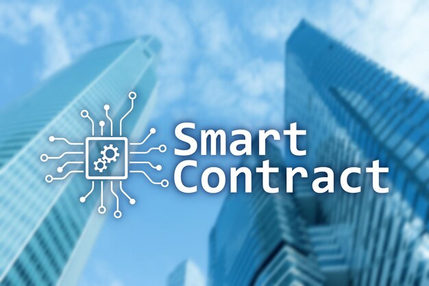 Smart contract blockchain-technologie in business finance hitech concept wolkenkrabbers achtergrond