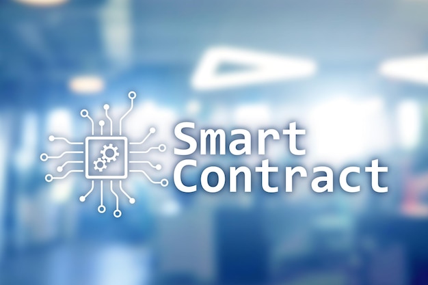 Smart contract blockchain-technologie in business finance hitech concept Wolkenkrabbers achtergrond