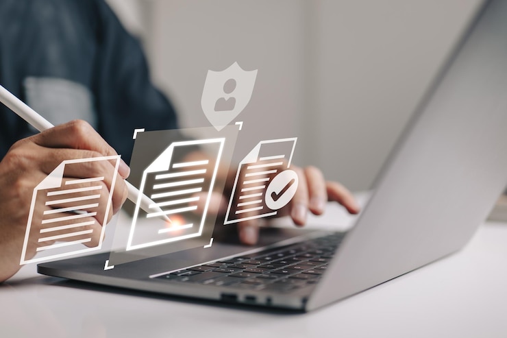 Photo smart contract a man signing a digital signature on an online business contract data protection and privacy policy concept