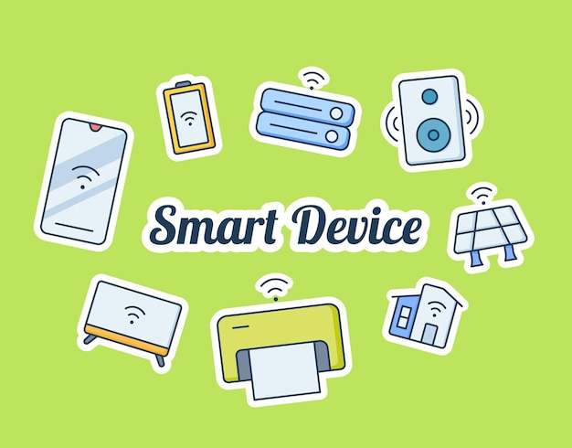 Foto smart device iot internet of things concept met een pictogramsticker die zich verspreidt met moderne vlakke stijl vectorillustratie