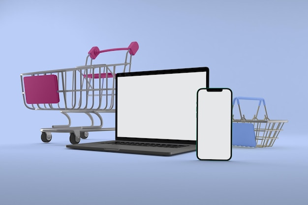 Smart Devices and Shopping Carts Right Side In Blue Background