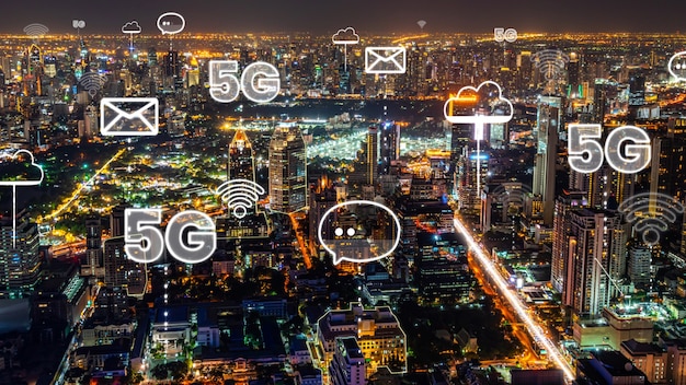 Smart digital city with abstract graphic showing connection network