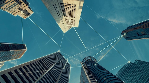 연결 네트워크를 보여주는 세계화 추상 그래픽이 있는 스마트 디지털 도시