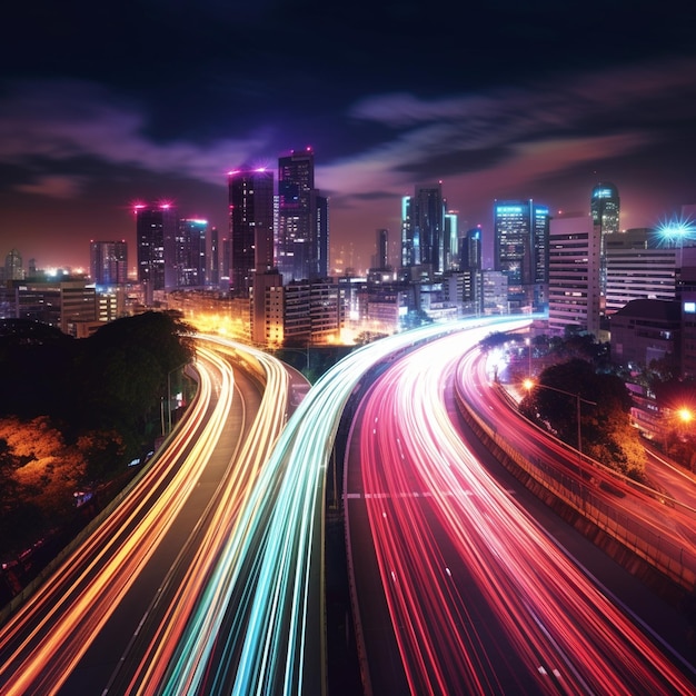 Smart digital city with high speed light trail of cars of digital data transfer