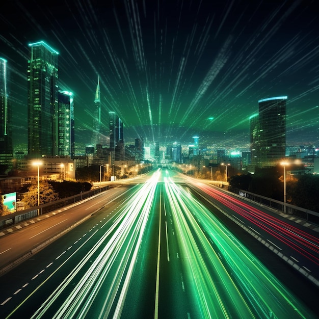 Smart digital city with high speed light trail of cars of digital data transfer