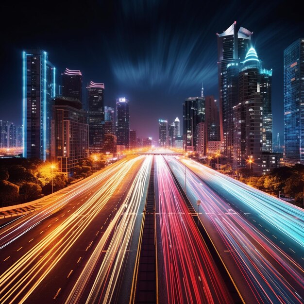 Smart digital city with high speed light trail of cars of digital data transfer