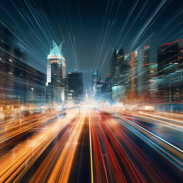 Smart digital city with high speed light trail of cars of digital data transfer