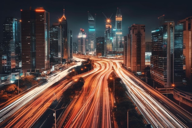 Smart digital city with high speed light trail of cars of digital data transfer