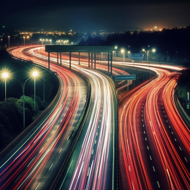 デジタルデータ転送の車の高速光跡を持つスマートデジタルシティ