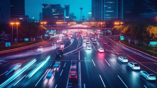 Умный цифровой город со скоростным световым следом автомобилей цифровой передачи данных