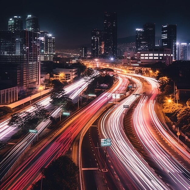 Smart digital city with high speed light trail of cars of digital data transfer