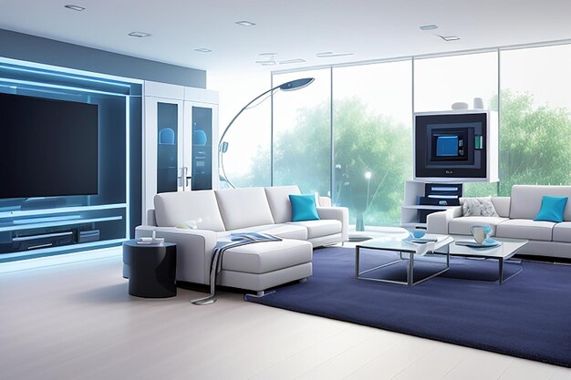 Photo smart digital living room transformation white lounge zone interior with sofa and armchairs tv set