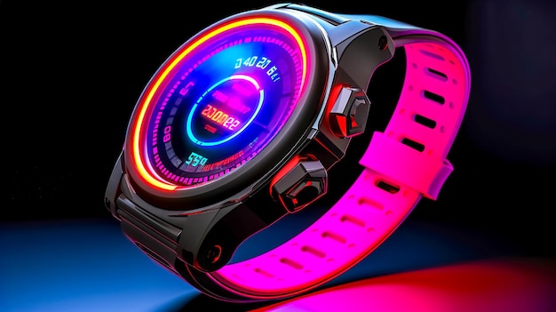 Smart digital wrist watch neon led lights made with Generative AI