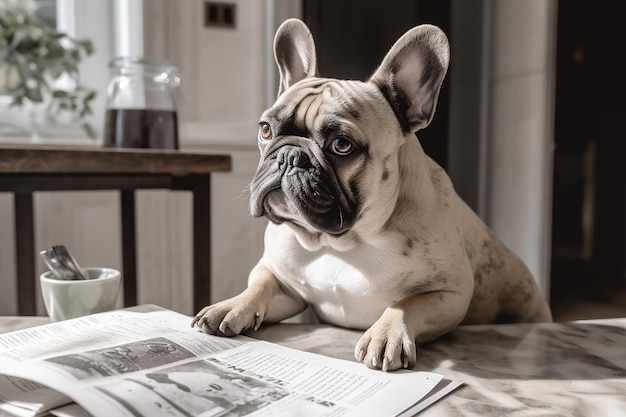 Photo smart dog reading newspaper created with generative ai tools