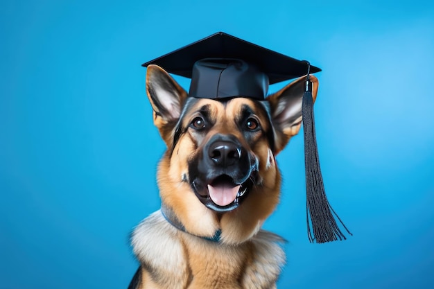 Foto cane intelligente studente ritratto di un carino pastore tedesco che indossa un berretto di laurea