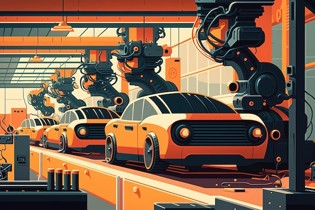 Smart factories with automated assembly lines for automobiles illustration