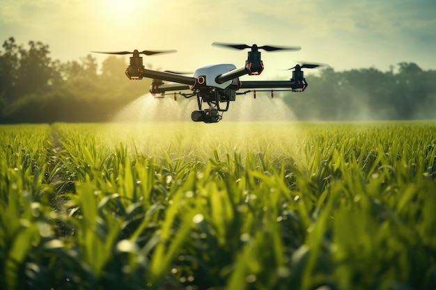 Photo smart farm drone flying spray over green field modern technologies in agriculture