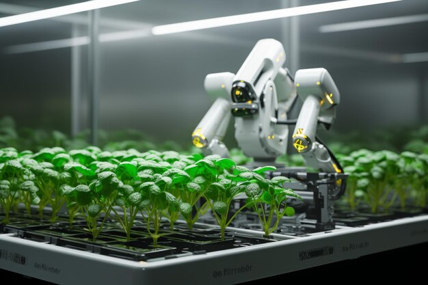 Smart farm innovation Robotic arm cultivates plants transforming agriculture with automation