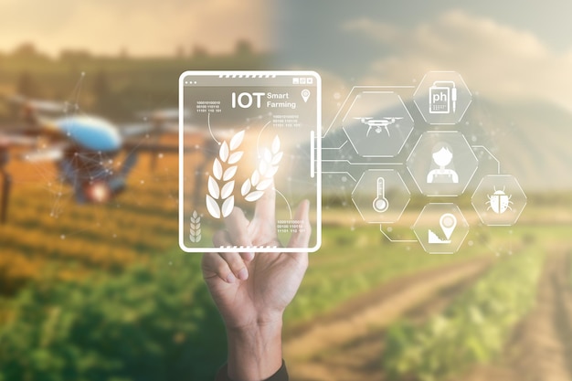 Smart Farming met behulp van IOT Internet Of Thinking-technologie en analyse met AI artificak intelligence helpen de onderzoeks- en ontwikkelingsproductiviteit van de landbouw te verbeteren