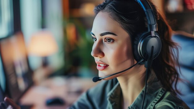 Foto intelligente giovane operatrice di call center in ufficio che risponde alle chiamate dei clienti generare immagine ai