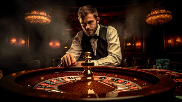 Smart Gambler AIEnhanced Image of a Sophisticated Man Playing Roulette in a Casino