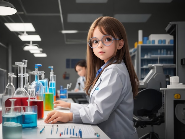 Smart girl doing scientific chemistry experiment wearing protection glasses holding bottle and meas