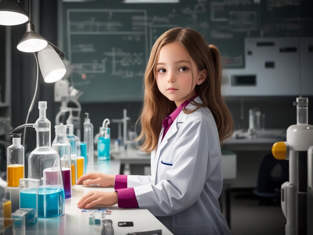 Smart girl doing scientific chemistry experiment wearing protection glasses holding bottle and meas