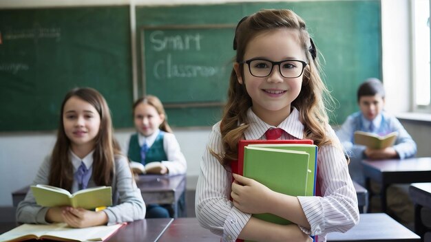 Smart girl holding books in the classroom