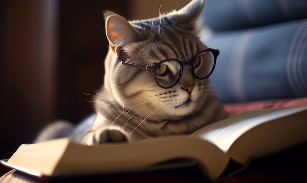 Smart grey striped cat wearing glasses reading a book Cute domestic pet close up Generative AI