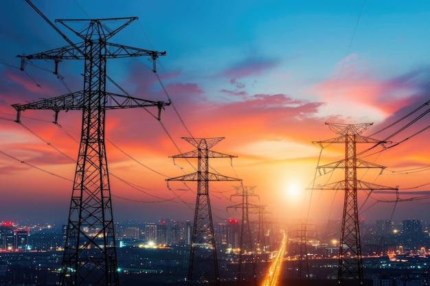 Photo smart grid connects high power electricity poles in urban area