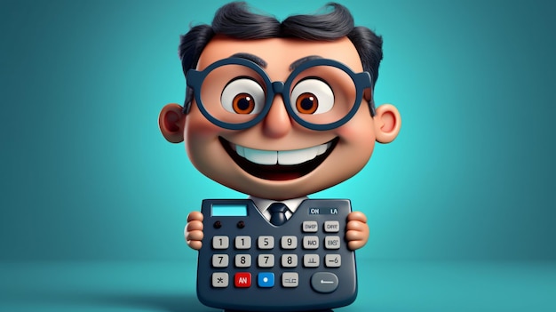 Smart and Happy Cartoon Man with Glasses Calculating Success with GenerativeAI