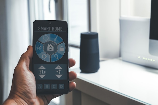 Foto applicazione della casa intelligente sulla tecnologia domotica dello smartphone concetto di sistema di controllo remoto di automazione
