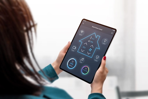 Smart home central control system on tablet display Concept app design in woman hands Home interior in background