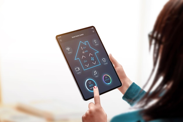 Smart home control app op tablet-display in handen van de vrouw Meisje past de verlichting in de woonkamer aan