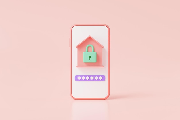 Smart home controlled smartphone with house lock icon on pink background home automation home security remote home security 3d icon render illustration Cartoon minimal style