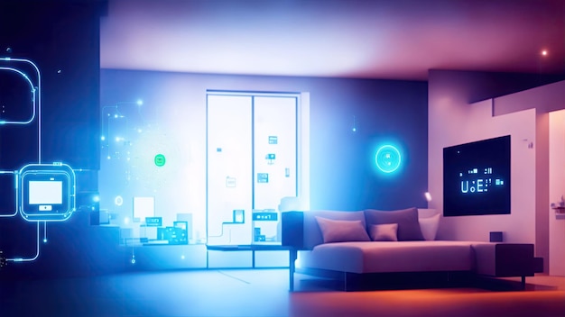 Smart home featuring various connected devices and appliances