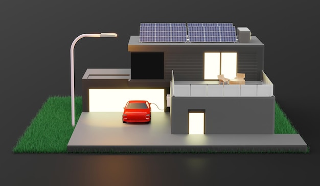 Smart home fotovoltaïsch huis Energiebesparing Ecosysteem Isometrisch zonne-huissysteemdiagram