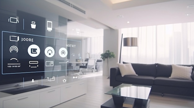 Foto interfaccia smart home che utilizza il dispositivo iot interior design realtà aumentata ai generativa