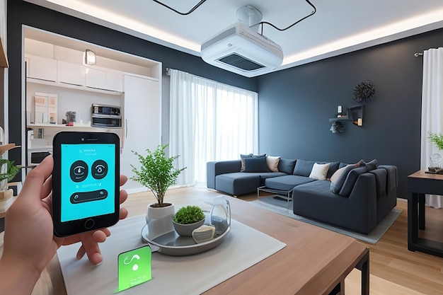 Foto interfaccia per la casa intelligente con realtà aumentata della progettazione interna di oggetti iot ia generativa