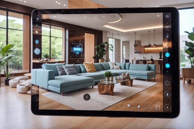 Photo smart home interface with augmented realty of iot object interior design generative ai