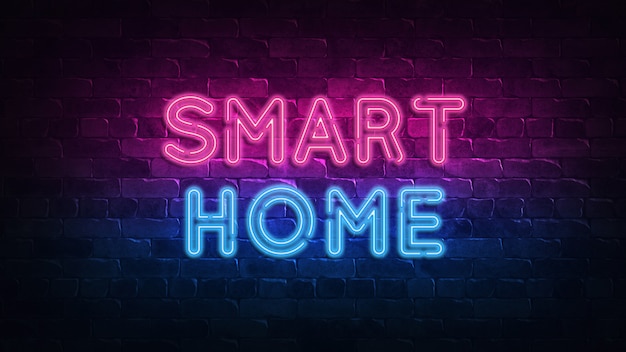 Smart home neon bord. paarse en blauwe gloed.