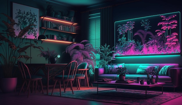 Smart home neon sign plant living room interior design AI Generated image