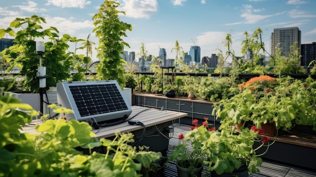 Smart Home rooftop garden with automated irrigation and plant monitoring